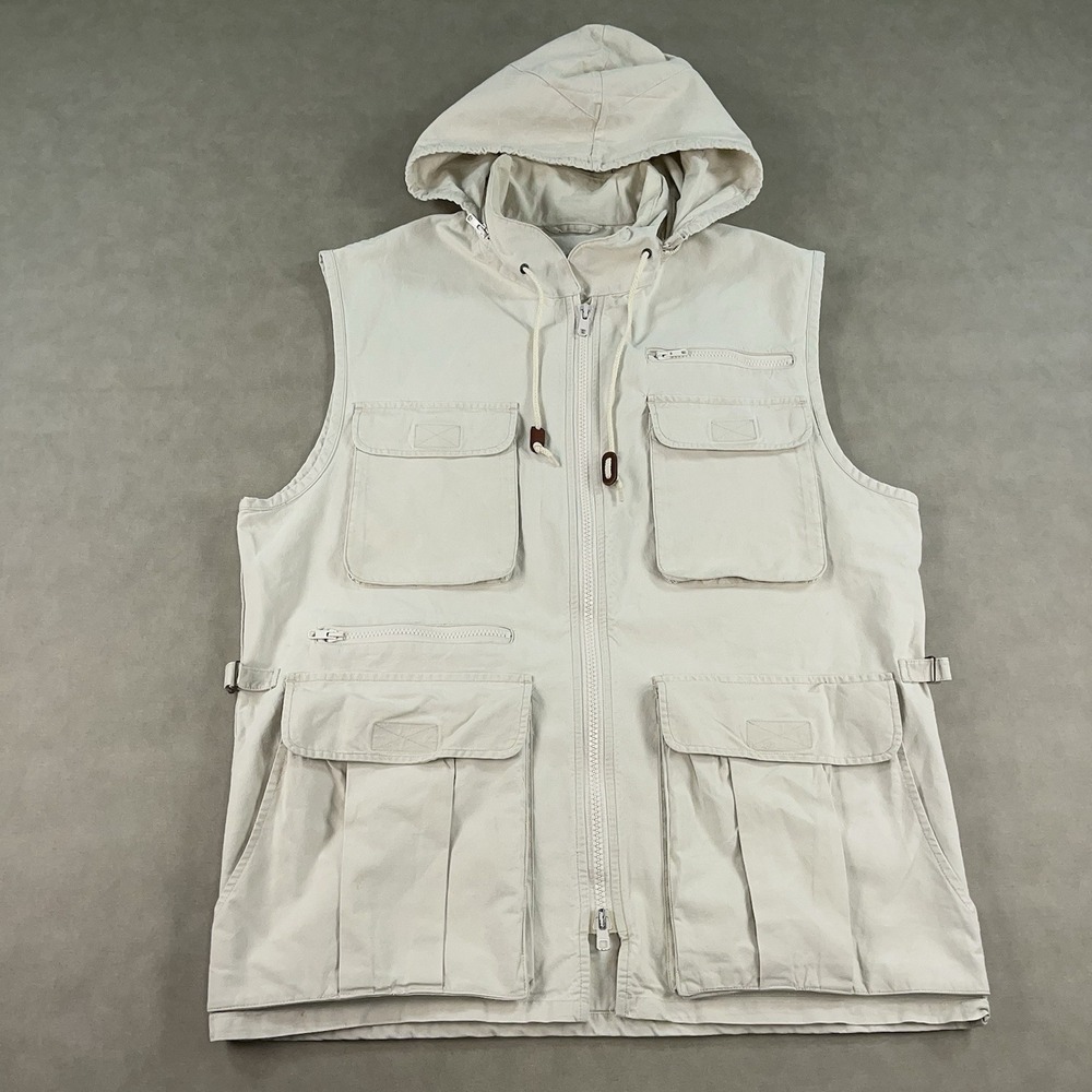 VTG Banana Republic Vest Mens Large Zip Safari Utility Cargo Pockets Stow Hood